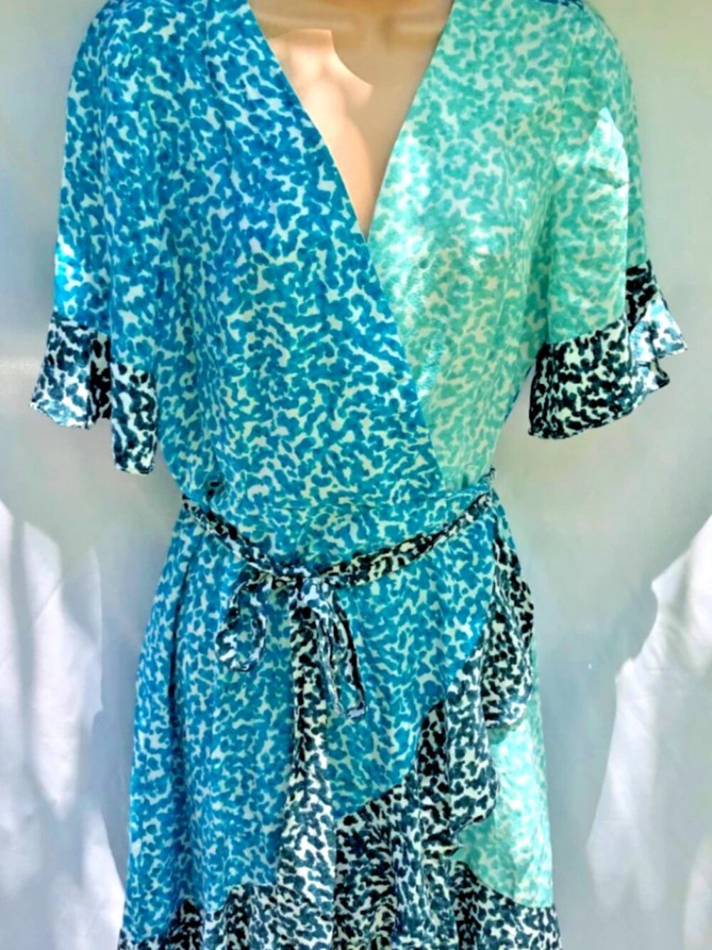 Marie Oliver Ryan Silk Mini Wrap Dress Pebble Blue Ruffle Hem  M Coquette